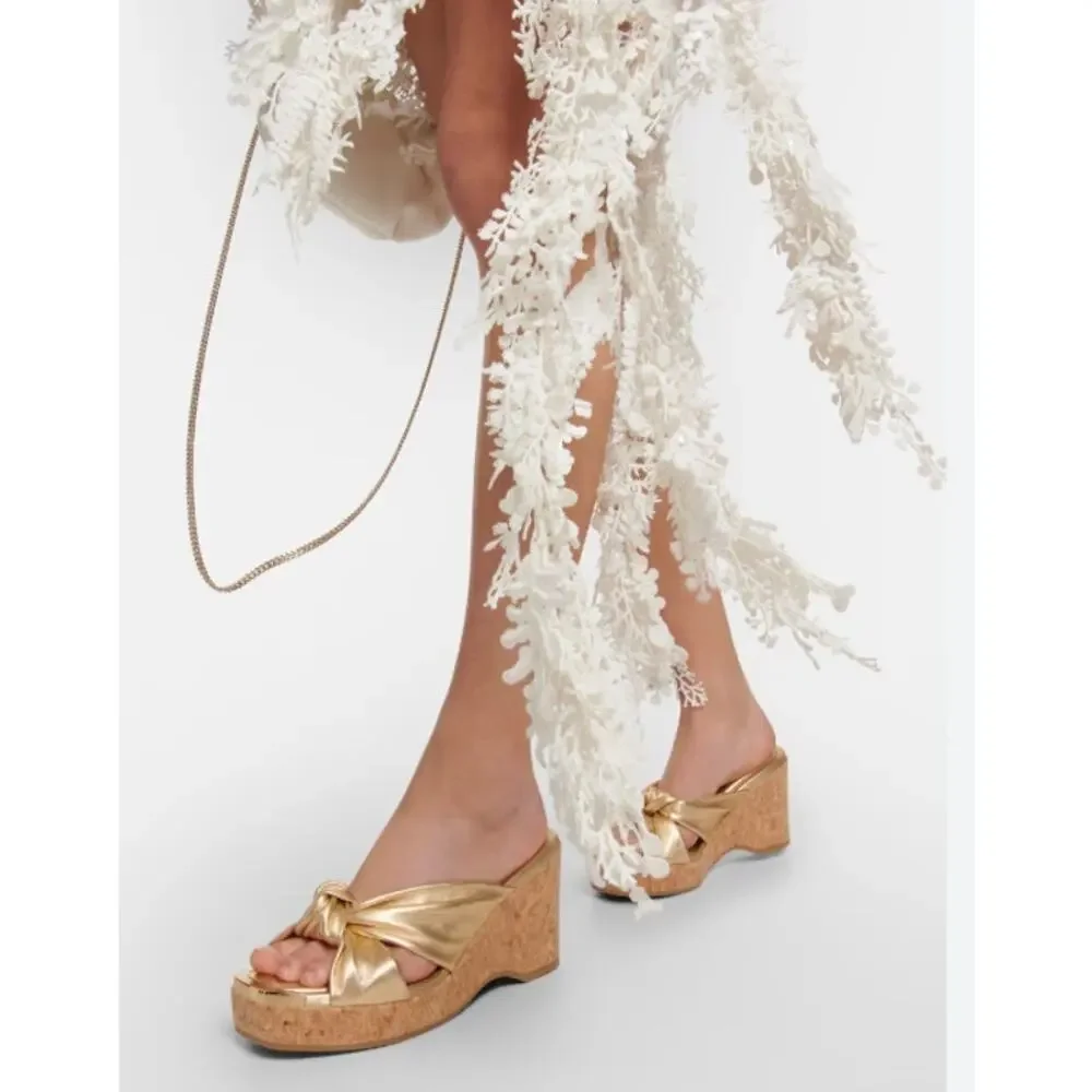 Jimmy Choo Avenue‎ Metallic Leather Cork Wedge Sandals Gold 37
